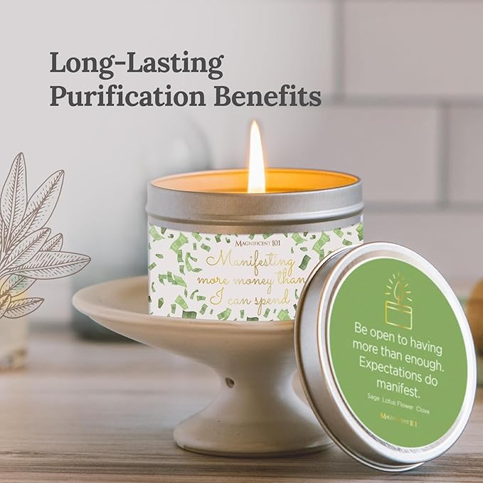 MAGNIFICENT 101 Manifest Money Candle - 6 Oz White Soy Wax Tin - 30-Hour Burn - Herbal & Clove Scented - Abundance & Intention Candle