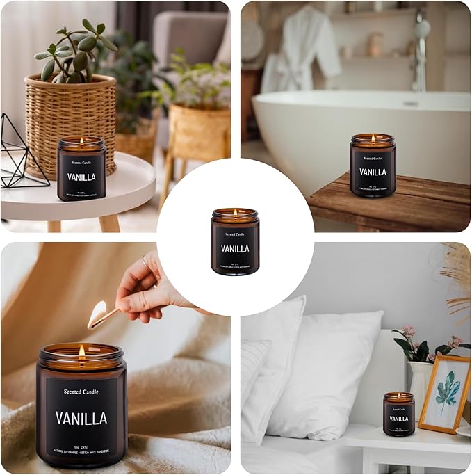 Luxury Vanilla Scented Candles Gift Set-100% Natural Soy Wax, 50H Clean Burn, Hand-Poured, Relaxing Aromatherapy for Home, Bedroom,Yoga&Spa, 9oz-255g