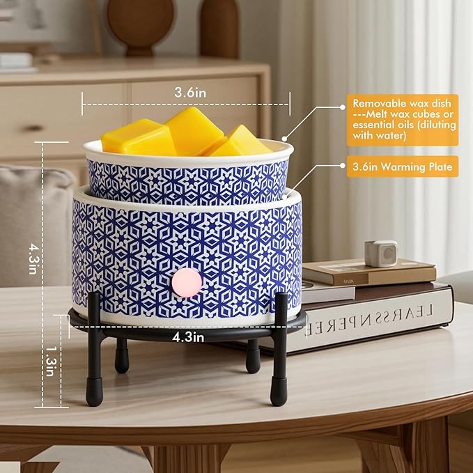 Blue & White Porcelain Wax Warmer, Electric Wax Melt Warmer, 3-In-1 Ceramic Candle Warmer for Scented Wax Melter with Iron Shelf, Fragrance Oil Burner for Home Office Bedroom Gift & Decor(Blue Flower)