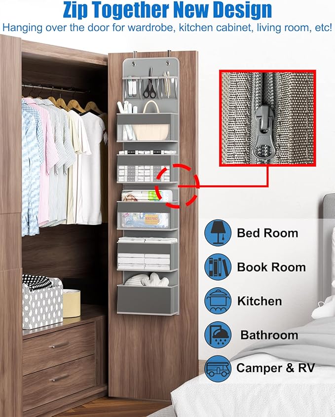 6 Shelf Camper Storage, RV Bathroom Organizer, Grey (Over Door Organizer, Wall Mount Back of Door Hanging Organizers for Toy Diaper Bedroom Closet)