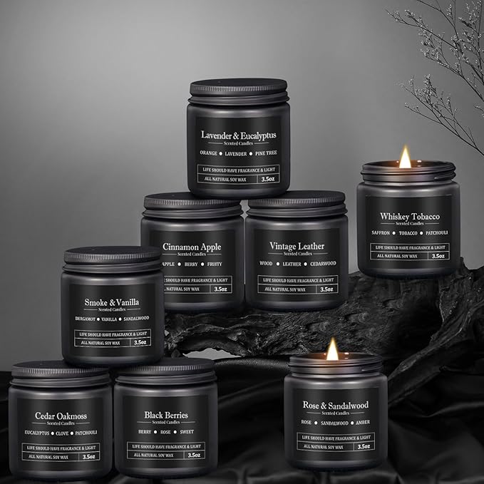8 Pack Scented Candles for Men, Masculine Candle Gift Set with Smoky & Woody Scents, Soy Wax Aromatherapy Candles for Home, Birthday Gift for Him, Boyfriend, Spring Candles