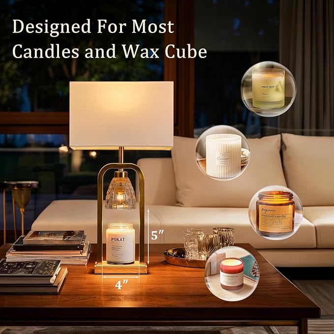 PoKat Electric Candle Warmer Lamps Gold, Lamp Candle Warmers with Timer Dimmer, Wax Light Warming Table Lamps Set of 2 for Jar Candles, Modern Bedside Lamp for Home Decor Living Room, Bulb Included