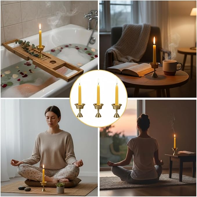 Luxury Beeswax Meditation Candles 20 Min – Mini Pure Beeswax Taper Candles with Brass Holder, Dripless 20 Minute Prayer Candles for Yoga Easter Saint Patrick’s Day, Wedding & Mother’s Day