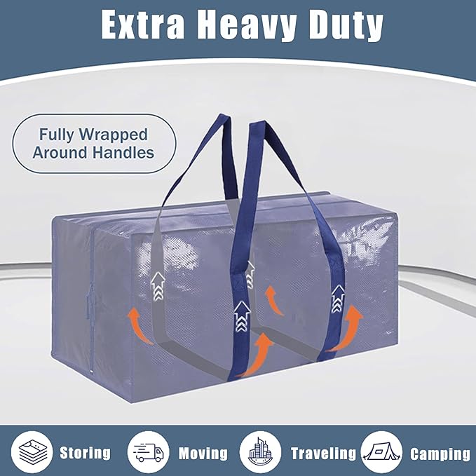 Extra Heavy Duty Moving Bags - 23 Gallon Extra Large Storage Bags 65 lbs Capacity, Waterproof Foldable Packing Bags for College Students, Camping & Closet Organizati (4PCS-Center Zipper)