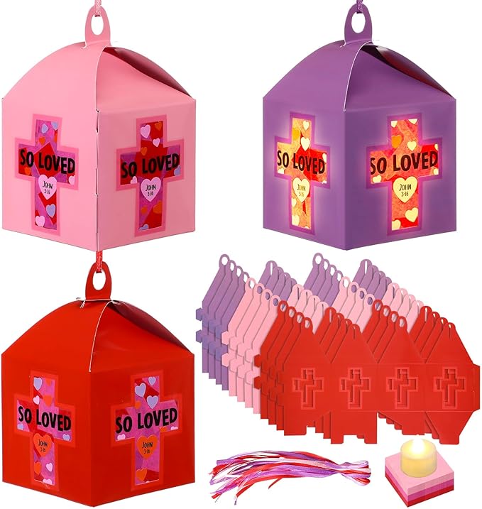 Simgoing 12 Sets Religious Valentine's Day Crafts with LED Candlelight Valentine's Day Cross Tissue Paper Crafts Kits DIY Cross Suncatchers Lanterns Hanging for Sunday School Christian Decoration