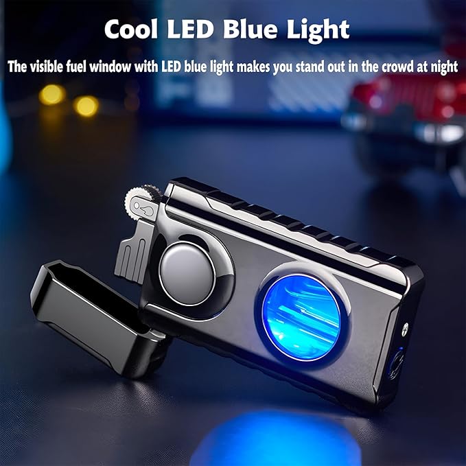 Torch Lighter, Creative Dual Flame Lighter with 6pcs Flint Stone, Windproof Lighter with Visible Fuel Tank, Adjustable Soft Flame and Jet Flame 2 in1,Refillable Butane Lighter for Gifts Men-Ice Black
