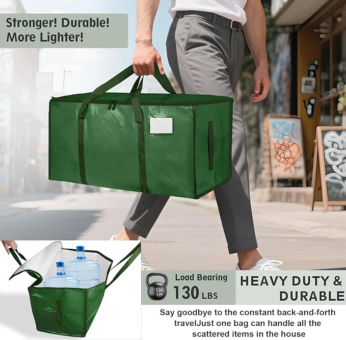 12 Pack-Extra Large Heavy Duty Moving Bags - Waterproof Storage Totes with Handles & Zippers, Foldable for College Dorm, Storage (olive green)