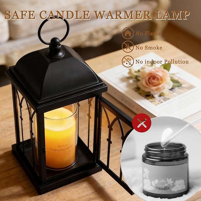Candle Warmer Lamp with Timer,Dimmable Electric Large Candle Warmer Lantern for Jar Candles,Vintage Enclosed Candle Lamp Warmer for Children Pet Family-Black