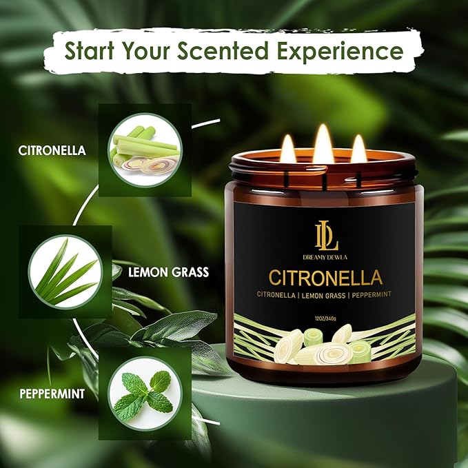 Citronella Candles Indoor Outdoor, Large 3 Wick 12oz Scented Candles up to 60 Hours Burning, Natural Citronella Soy Wax Candle for Summer Outside Camping Patio Picnic Garden