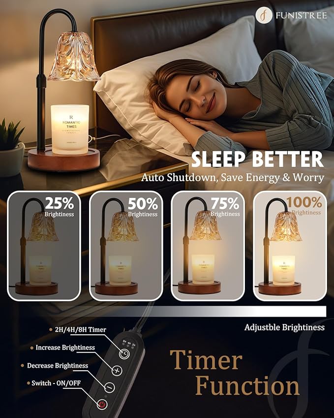 Small Candle Warmer Lamp with Timer, Adjustable Flower Lamp Warmer for Jar Candles, Unique Women Gifts for Birthday, Dimmable Candle Heater, Cute Wax Warming Light with Wood Base