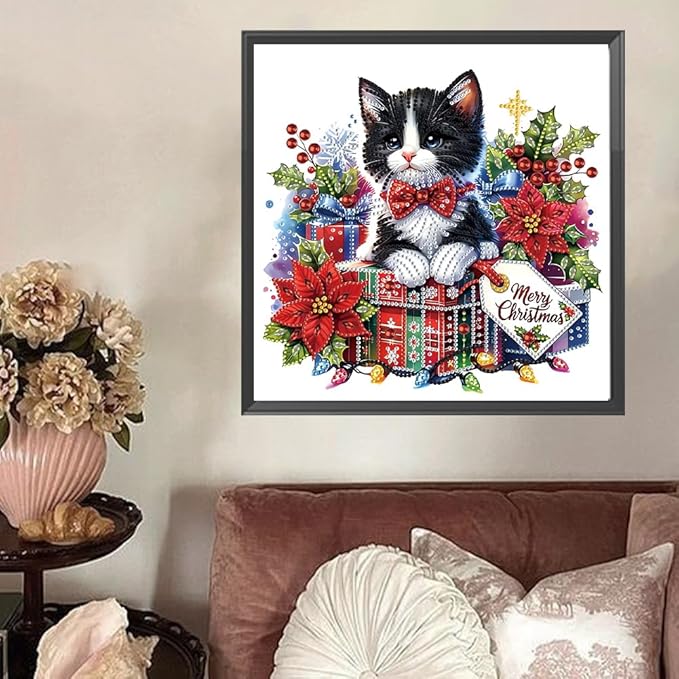Xmas Gift Cat 5D Special Shape Diamond Art Kits for Beginners, Christmas Winter Theme Diamonds Painting Kits for Adults,DIY Crystal Rhinestones Diamond Paintings for Home Wall Decor 12×12Inch
