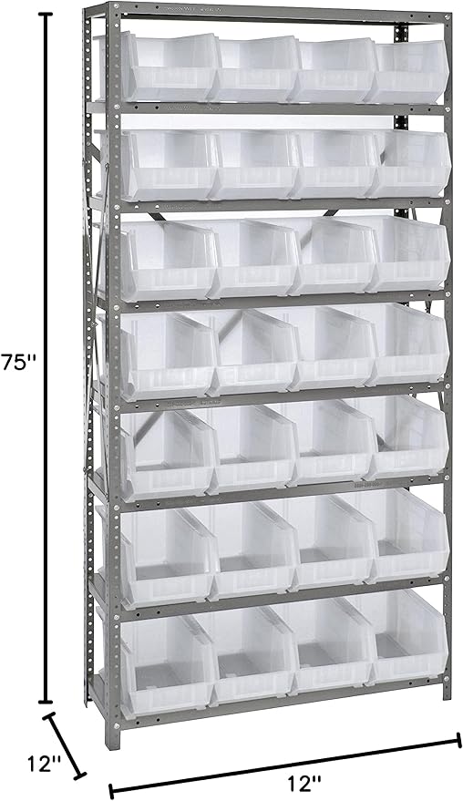 Quantum Storage Systems QSBU-239CL Giant Open Hopper Steel Shelving System, 12" D x 36" W x 75" H, with 8 Shelves and 28 QUS239 Bins, Clear