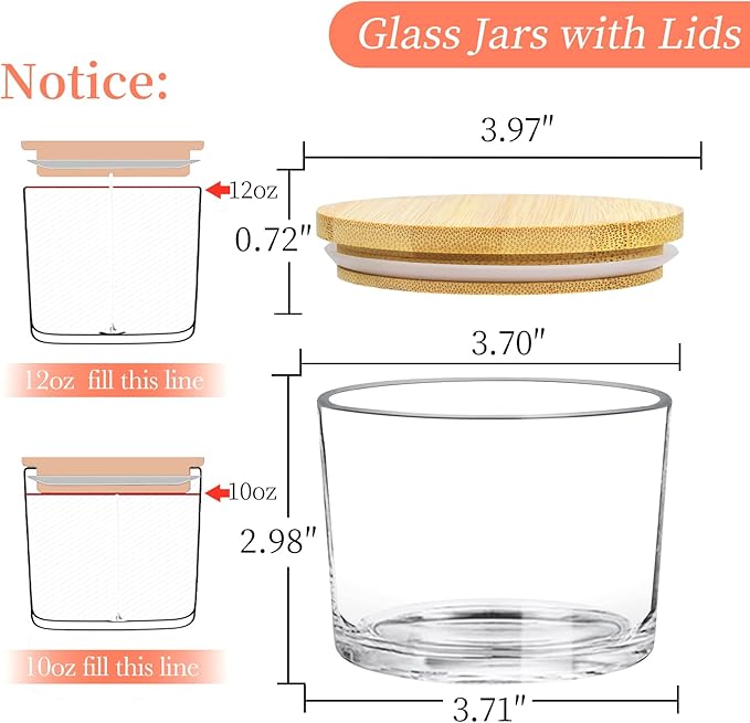 CONNOO 8 Pack 12 OZ Clear Glass Wide Mouth Candle Jars for Making Candles with Airtight Bamboo Lids Nice Sticky Warning Labels for Candle Making Empty Container Bulk - Dishwasher Safe