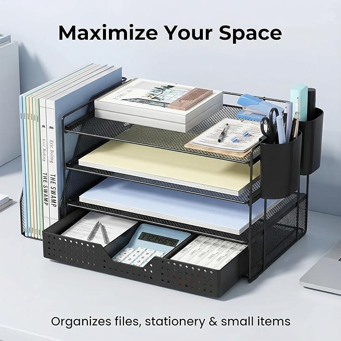 ECOLOVI Desk Organizer, 4-Tier Paper Organizer Letter Tray with File Holder, Drawer and 2 Pen Holders, Desktop File Organizer for Office Supplies, Workspace Storage, Black