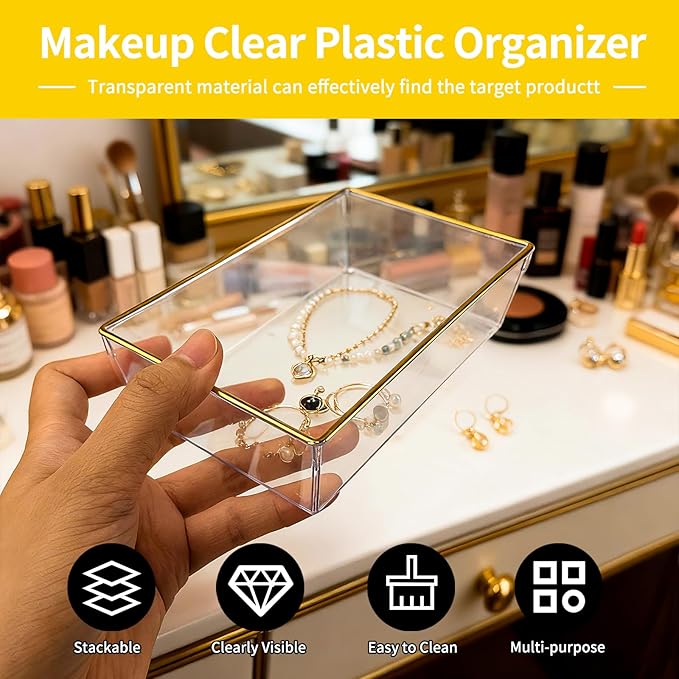 6 Pack Large Size Clear Stackable Drawer Organizer Trays, Gold Rim Makeup Drawer Storage Tray Divider, Desk Storage for Makeup, Jewelry, Bathroom, Stationary, Kitchen Utensils and Office Desk