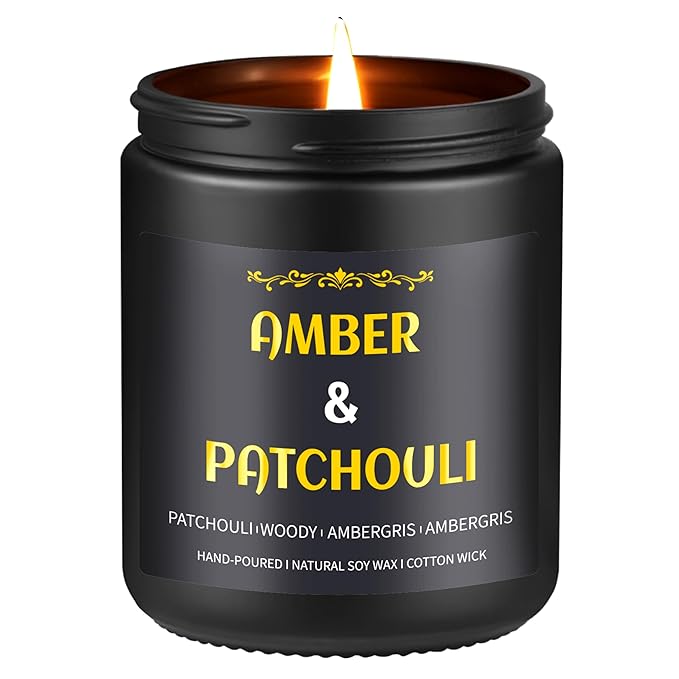 Amber Patchouli Candle, 7 oz Scented Candle for Men, Soy Candles for Home Scented, Masculine Jar Candle for Him, 50 Hours Burning Time Mens Candle Gift for Boyfriend, Father, Birthday Present Giving