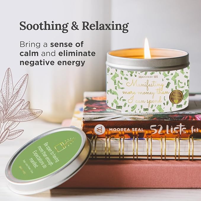 MAGNIFICENT 101 Manifest Money Candle - 6 Oz White Soy Wax Tin - 30-Hour Burn - Herbal & Clove Scented - Abundance & Intention Candle