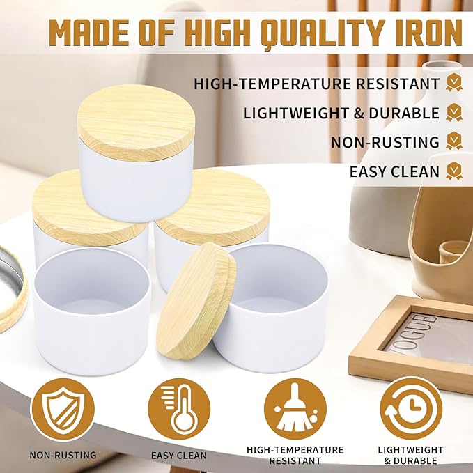 12-Pack Candle Jars, 8oz Candle Tins with Metal Wood-Grain Printing Lids, Empty Metal Candle Jars for Making Candles Bulk Candle Containers -White