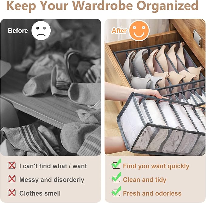 6 Pcs Underwear Drawer Organizer, Foldable Underwear Storage Divider Boxes 6/7/11 Cell Closet Clothing Organizers for Bras Panties Ties Socks Scarves Clothes