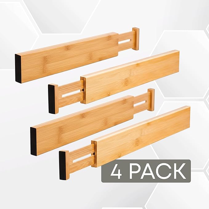 Adjustable Drawer Dividers 4 Pack, 17.5 to 22 inch Length, 2.4" Height – Expandable Bamboo Kitchen Drawer Organizers, Spring Loaded Wooden Drawer Separators for Dresser, Cabinets & Bedroom