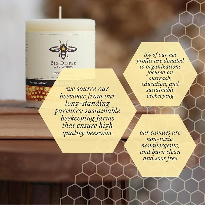 Big Dipper Wax Works Ivory Beeswax Pillar Candle 3" x 3.5" – 60-Hour Burn, Non-Toxic & Clean Burning, Pure Beeswax, Handmade in USA