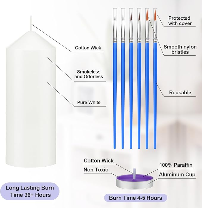 MTLEE 72 Pcs DIY Candle Painting Kit Include 6 Pcs 2"x 4" White Pillar Candles 60 Colored Tealight Candles and 6 Paint Brushes for Birthday Wedding Tea Party Crafts Centerpieces