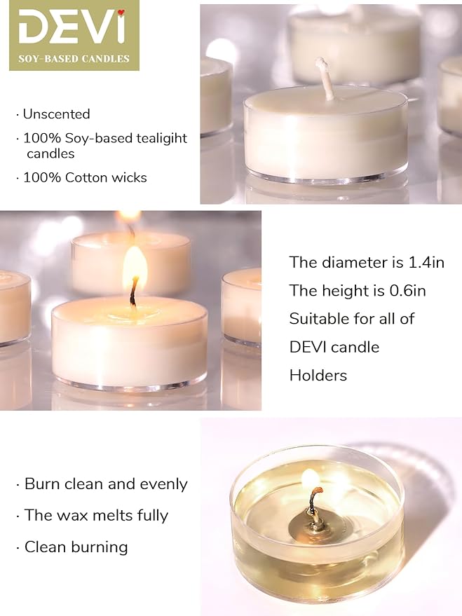 DEVI Soy Wax Tea Lights Candles 100 Pack Paraffin-Free, Soy Tea Lights Bulk-4 Hours Long Burning, Unscented White Small Votive Candles, Votives Bulk for Wedding Baby Shower Favors
