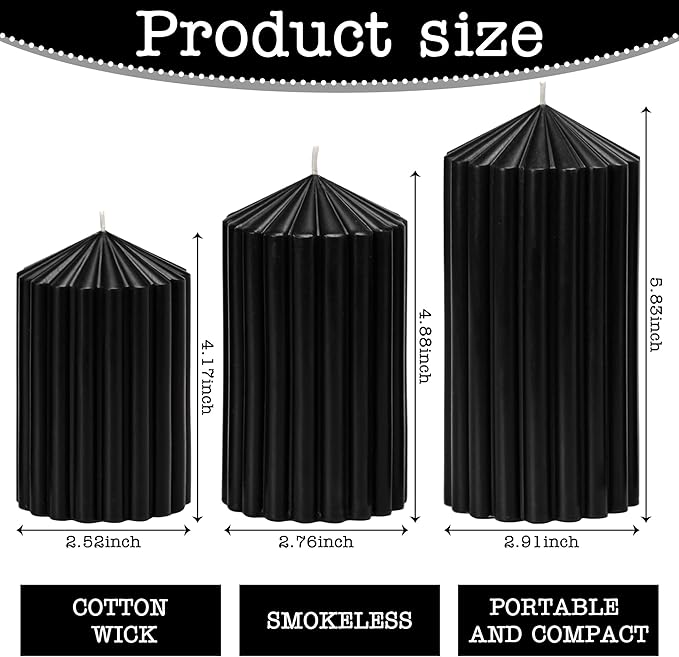 3 Pack Black Ribbed Pillar Candles - Soy Wax Unscented, 2.76" x4.2/4.9/5.9 in Smokeless Non Toxic Cotton Wick, Aesthetic Modern Candles for Home Decor, Dinner Table, Living Room, Housewarming Gift
