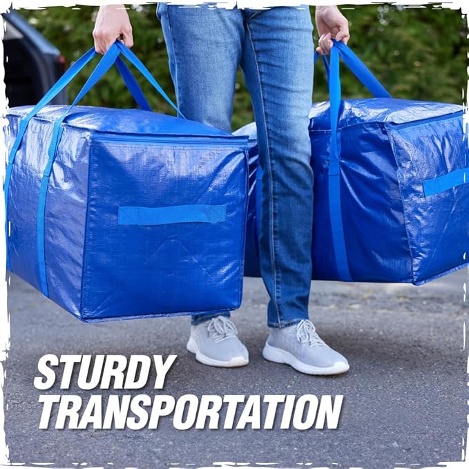RUGGED RHINO 8 Pack Heavy Duty Extra Large Moving Bags, Durable Bag Strong Handles and Zipper, Moving Boxes Alternative for College Packing, Holiday Décor, Space Saving Storage with Label, Blue/Clear