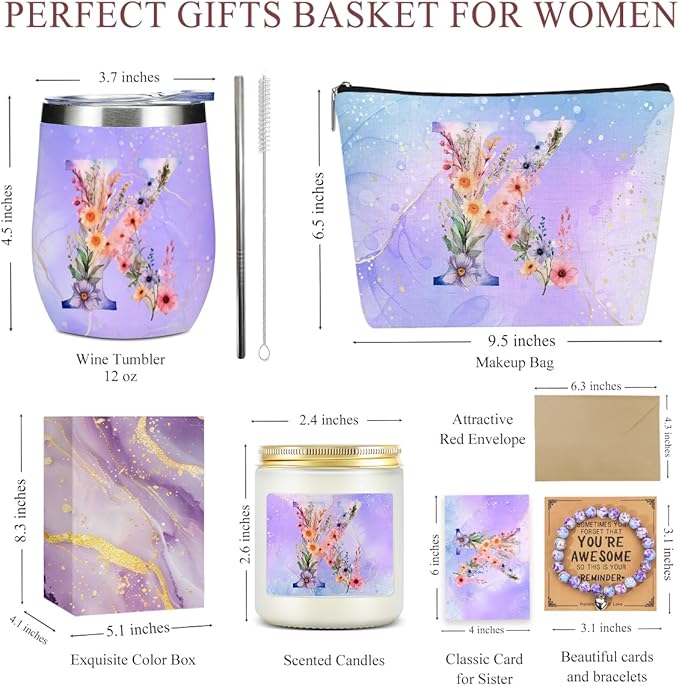 Personalized Gifts Monogrammed Birthday Gifts for Women, Soul Sister Bachelorette Party Wedding Christmas Initial Wine Tumbler Makeup Bag Scented Candle Bracelet Set, (Aesthetic Purple Flower K)