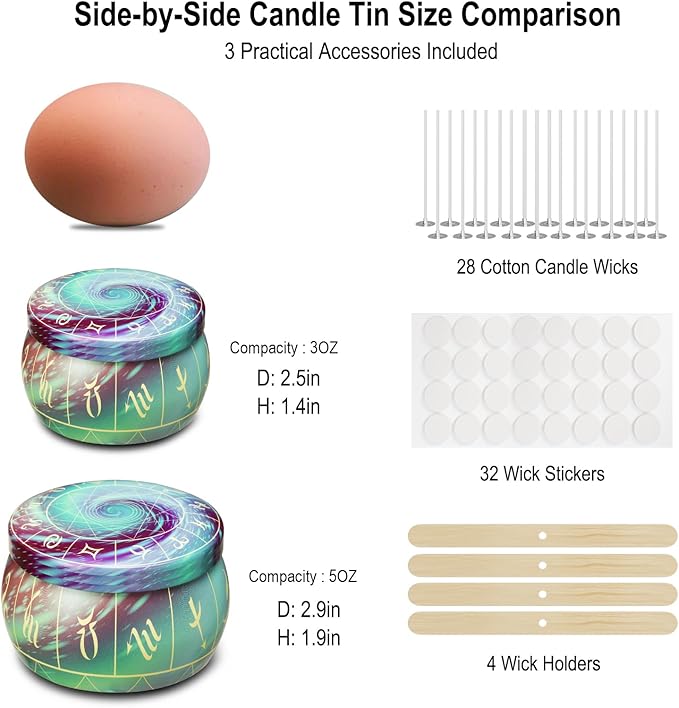 Arxinor Empty 5 oz Candle Tins Candle Jars 28 Pcs 28 Patterns, Candle Making Kits, with Wicks, Wick Holders & Stickers