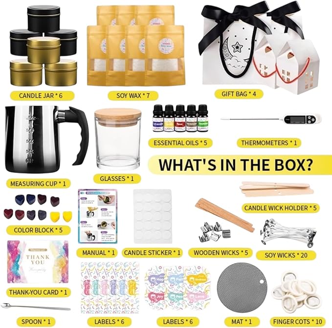 WAYONE LLC Candle Making Kit - DIY Starter Soy Candle Making Supplies Kit - Soy Wax, Full Set - 1 Jars & 6 Tins, 5 Pleasant Scents, Color Dyes & More, Perfect Candle Making Kit for Adults