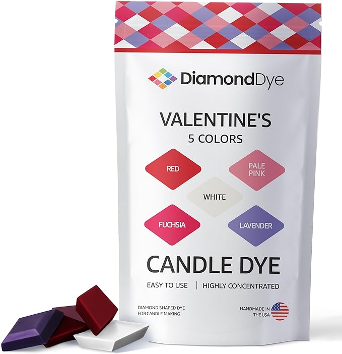 Candle Dye - Made in The USA - 5 Valentine Colors (Red, Pale Pink, White, Lavender, Fuchsia) for Paraffin or Soy Wax - Highly Concentrated - Great for Professionals or Hobbyist - 50 Dye Chips