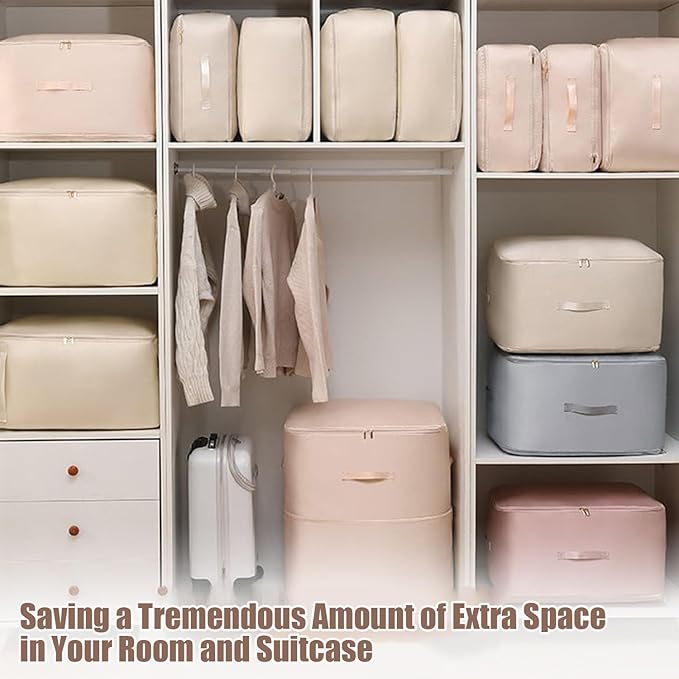 Ultra Space Saving Self Compression Organizer, Upgraded Space Saving Self Compression Organizer Space Bags, Premium Comforter Packaging Cube Bedding Storage Bag (Pink, Large 54×42×30cm)