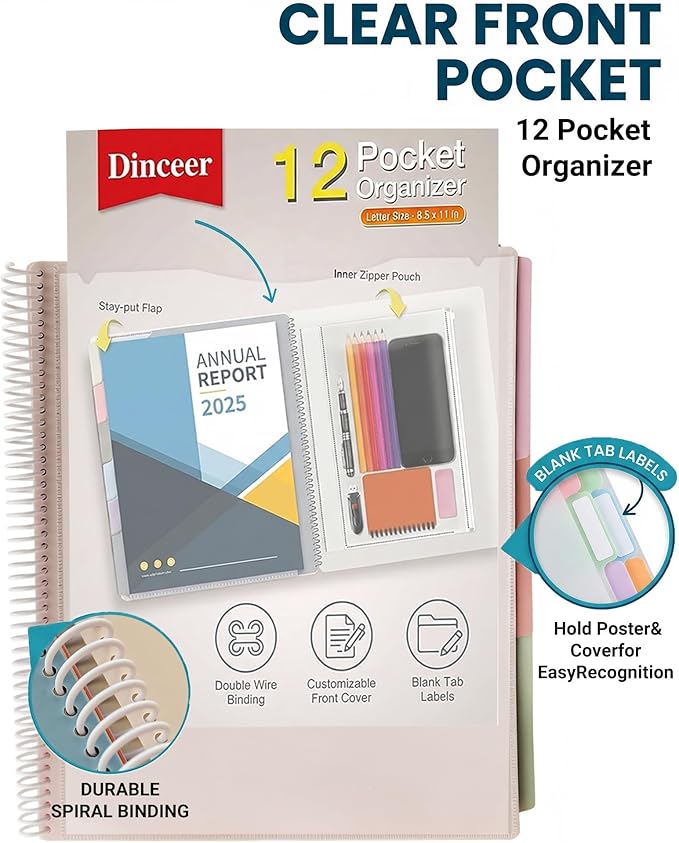 12 Pocket Project Organizer Folder by Dinceer, Letter Size Expandable File Organizer with 6 Color Dividers, Quick View Clear Cover Pocket, Inner Zipper Pouch, Heavy Duty Plastic