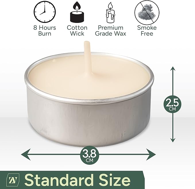 8 Hour Tea Lights Candles (100 Pack) - White Long Lasting Tea Lights - Smokeless & Unscented Candles - Party Candles- for Weddings - 3.8 x 2.3 CM, 8hr