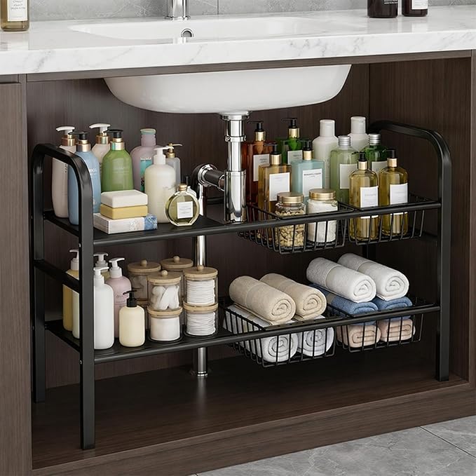 Under Sink Organizers – Expandable 2 Tier Under Cabinet Storage Rack with Adjustable Shelves, 4 Baskets & Panels, Heavy Duty Metal, Fits Around Pipes for Kitchen & Bathroom (White)