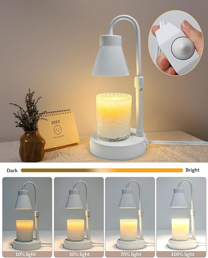 Elenhome Candle Warmer Lamp with Adjustable Height - Stepless Dimming & Metal Finish - No Flame Scented, Includes 2 Bulbs (White)