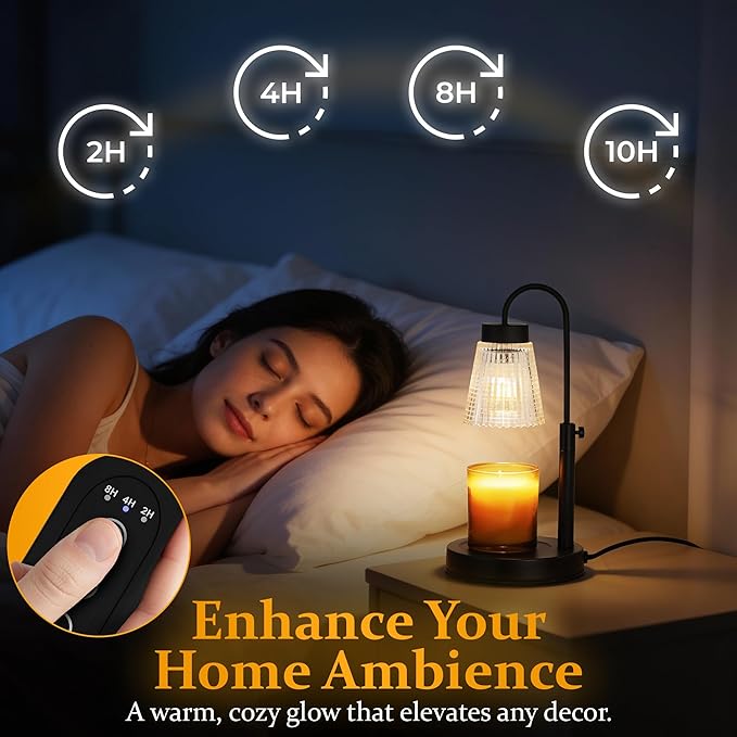 Black Candle Warmer Lamp with Timer – 4 Level Dimmable Wax Melter, Adjustable Height Electric Candle Light Warmer | Modern Minimalist Flameless Candle Lamp for Home Décor & Jar Candles