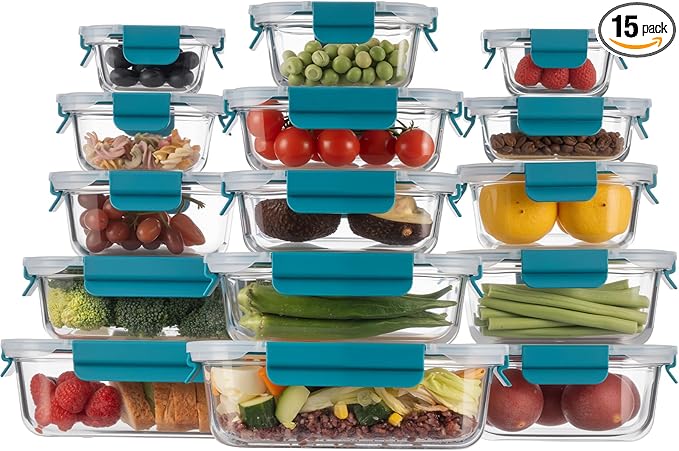 GENICOOK Airtight Glass Meal Prep Containers 15-Pack with Locking Lids – Leak-Proof Food Storage Containers Set, BPA-Free Borosilicate Glass, Microwave, Oven, Freezer & Dishwasher Safe