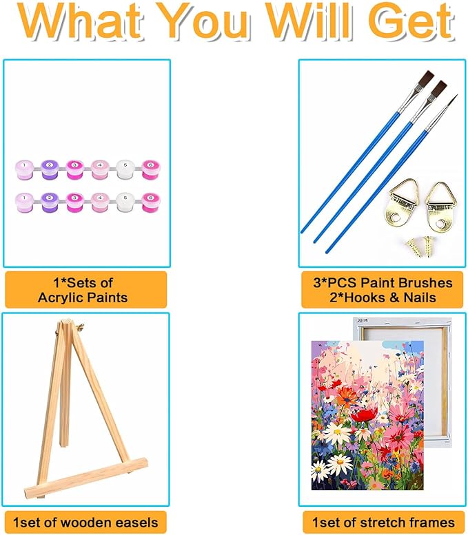 Meothan Framed Paint by Numbers Kits for Adults, Wild Flowers Paint by Number for Adults Beginners, Flower Paint by Numbers Kits on Canvas with Framed and Easel for Home Wall Decor 12x16inch