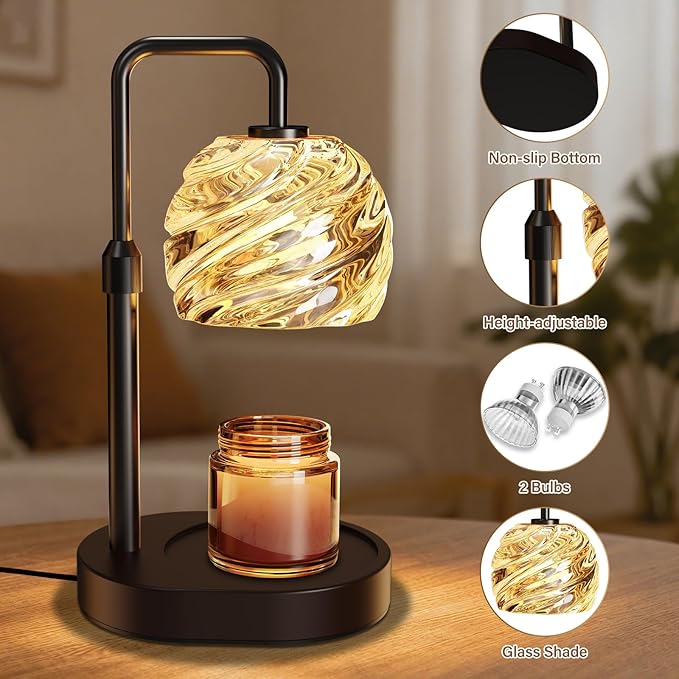 WarmEmbrace Candle Warmer Lamp with Timer for Jar Candles - Dimmable, Height and Brightness Adjustable Electric Wax Warmer Black, 2 Bulbs Included, House Warming Gift & Vintage Home Decor