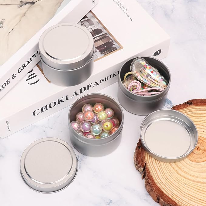 48 Pack 4 oz Sliver Metal Candle Tins with Lids, Round, Matte Finish, for DIY Candle Making and Storage
