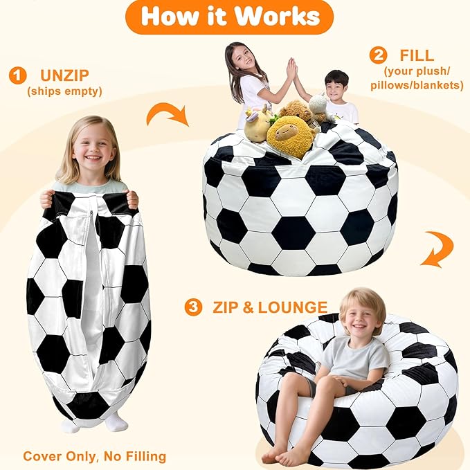Lukeight Soccer Stuffed Animals Storage Bean Bag Chair Cover Only (Ships Empty, No Filling) - Velvet YKK Zipper Beanbag Cover for Toddlers and Kids, Washable Plush Toy Organizer, Large 27" D x 16" H