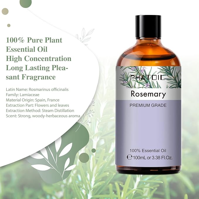 PHATOIL 3.38FL.OZ Rosemary Essential Oil, for Aromatherapy Diffusers, Humidifiers, Great for DIY Candle and Soap Making, Huge 100ML Bottle