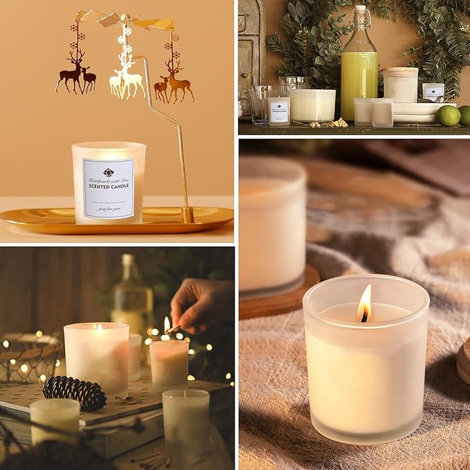 CONNOO 12Pack 10 oz Frosted Glass Candle Jars with Bamboo Lids for Making Candles Empty Candle Tins with Wooden Lids, Bulk Clean Candle Containers - Dishwasher Safe