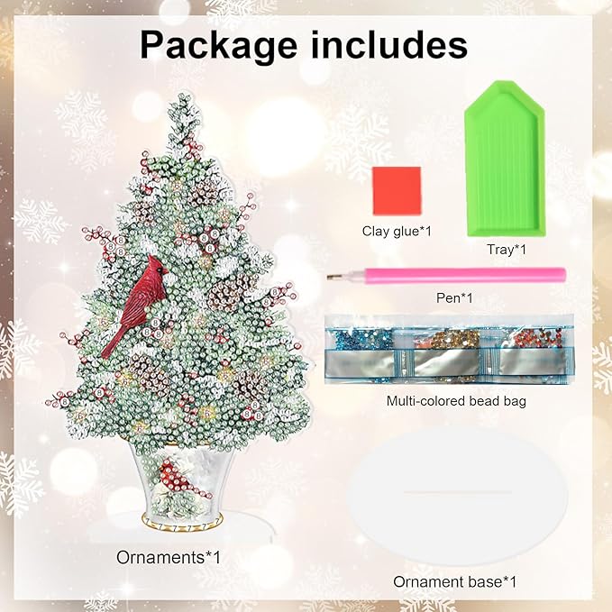 DIY Diamond Painting Tabletop Ornament Kit, Acrylic Diamond Art Desktop Ornaments Christmas Tree with Cardinals, Special Shaped Crystal Diamond Painting Table Top Home Office Christmas Decor