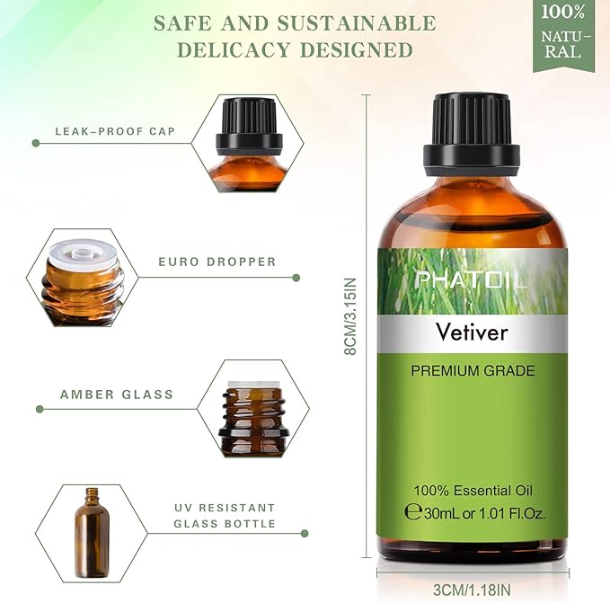 Vetiver Essential Oil, 1.01Fl.Oz (30ML) PHATOIL Pure Essential Oil Singles for Aromatherapy Diffusers, Humidifiers, Great for DIY Candle and Soap Making, Gift for Friend