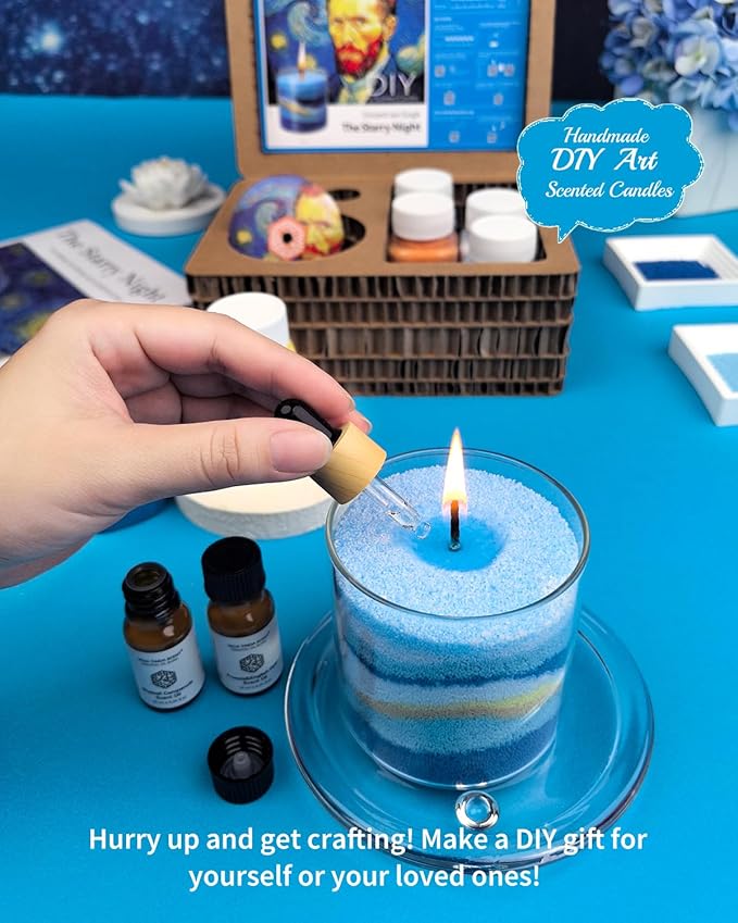 The Starry Night DIY Pearled Candle Sand Set - 11 Oz Sand Wax Beads (6 Colors), 2x10ml Scented Essential Oils, 4 Reusable Wicks, Glass Cup & Spoon, Home Decor & Handmade Gift & Craft Enthusiasts