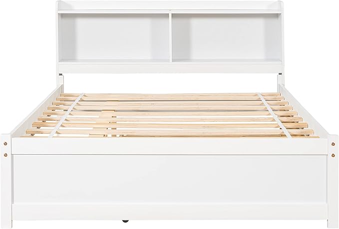 Harper & Bright Designs Full Size Captain Bed with Trundle and Bookcase Headboard, Wooden Full Platform Bed Frame with Storage Bookself, Trundle Bed Under for Kids Girls Boys, White